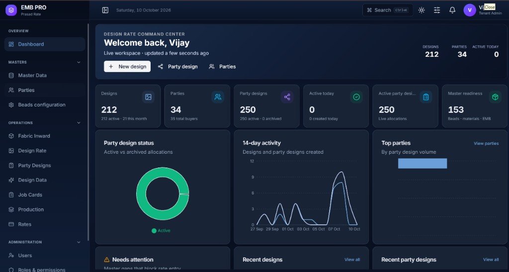 EMB PRO design rate command center dashboard